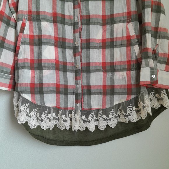 Umgee Mixed Media Plaid Button Up Convertible Sleeve Tunic Lace Trim Size S - Picture 4 of 13